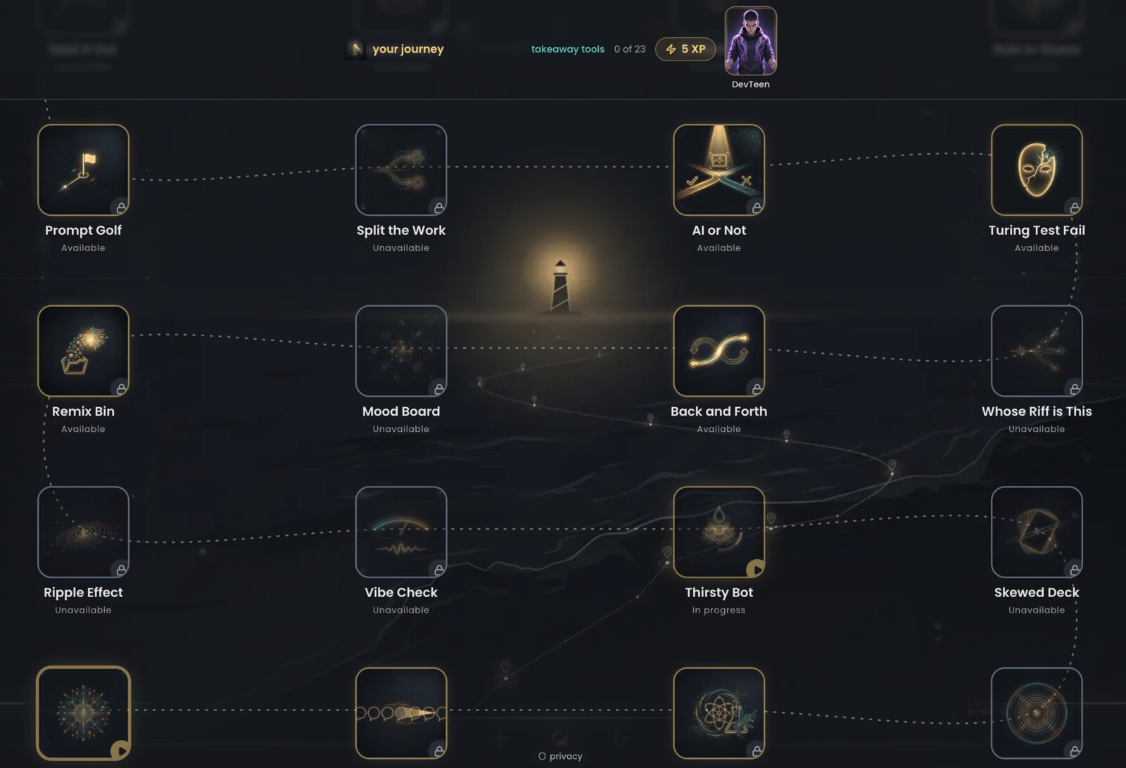 Beacon journey map — a grid of teen-friendly AI literacy activities (Prompt Golf, Split the Work, AI or Not, Turing Test Fail, Remix Bin, Mood Board, Back and Forth, Whose Riff is This, Ripple Effect, Vibe Check, Thirsty Bot, Skewed Deck) progressing toward the beacon lighthouse, with an XP counter and student avatar at the top.