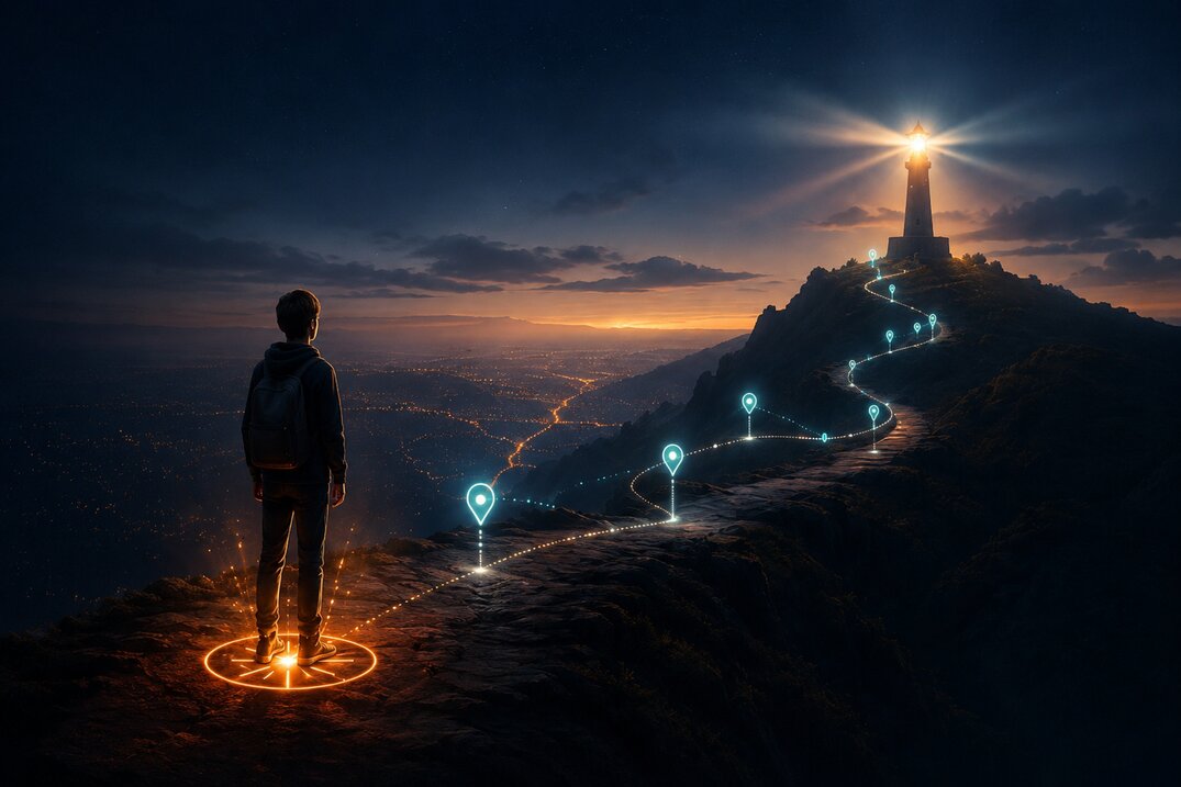 A teenager looking out at a path of glowing lights