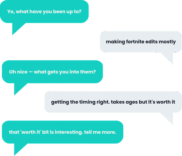 Example Sparks chat conversation showing teal speech bubbles asking a teen about their interests